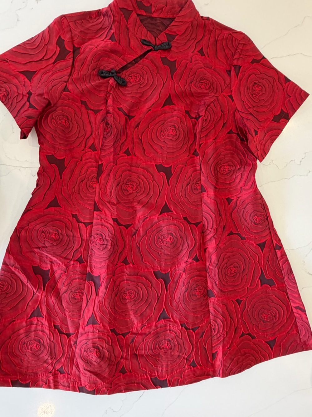 Plus size Women's Red Rose-Print Mini Dress Quipao with Collar
